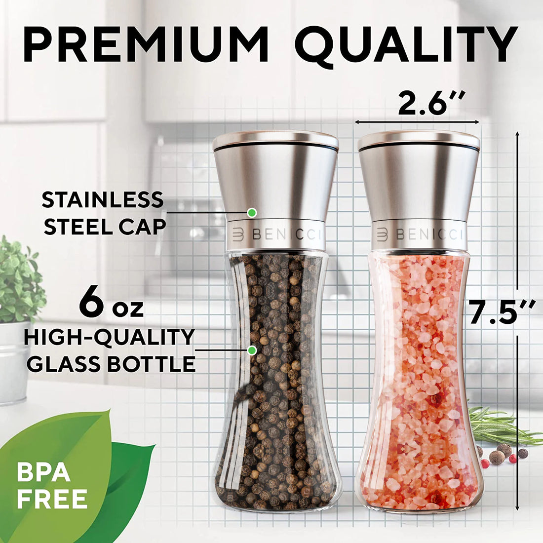 Beautiful Stainless Steel Salt &amp; Pepper Grinders Refillable Set - Two 7 oz Salt / Spice Shakers with Adjustable Coarse Mills - Easy Clean Ceramic Grinders with BONUS Silicone Funnel and Cleaning Brush