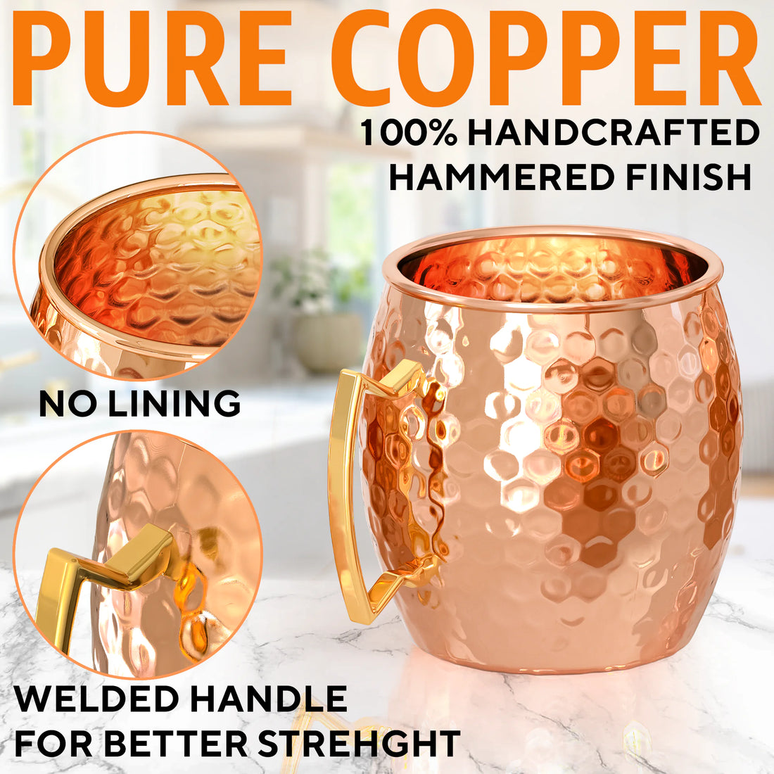 Tasses en cuivre Moscow Mule - Lot de 4 - 100 % FABRIQUÉES À LA MAIN - Tasses en cuivre massif pur de qualité alimentaire - Coffret cadeau de 16 oz avec BONUS : Cuivre à cocktail de la plus haute qualité