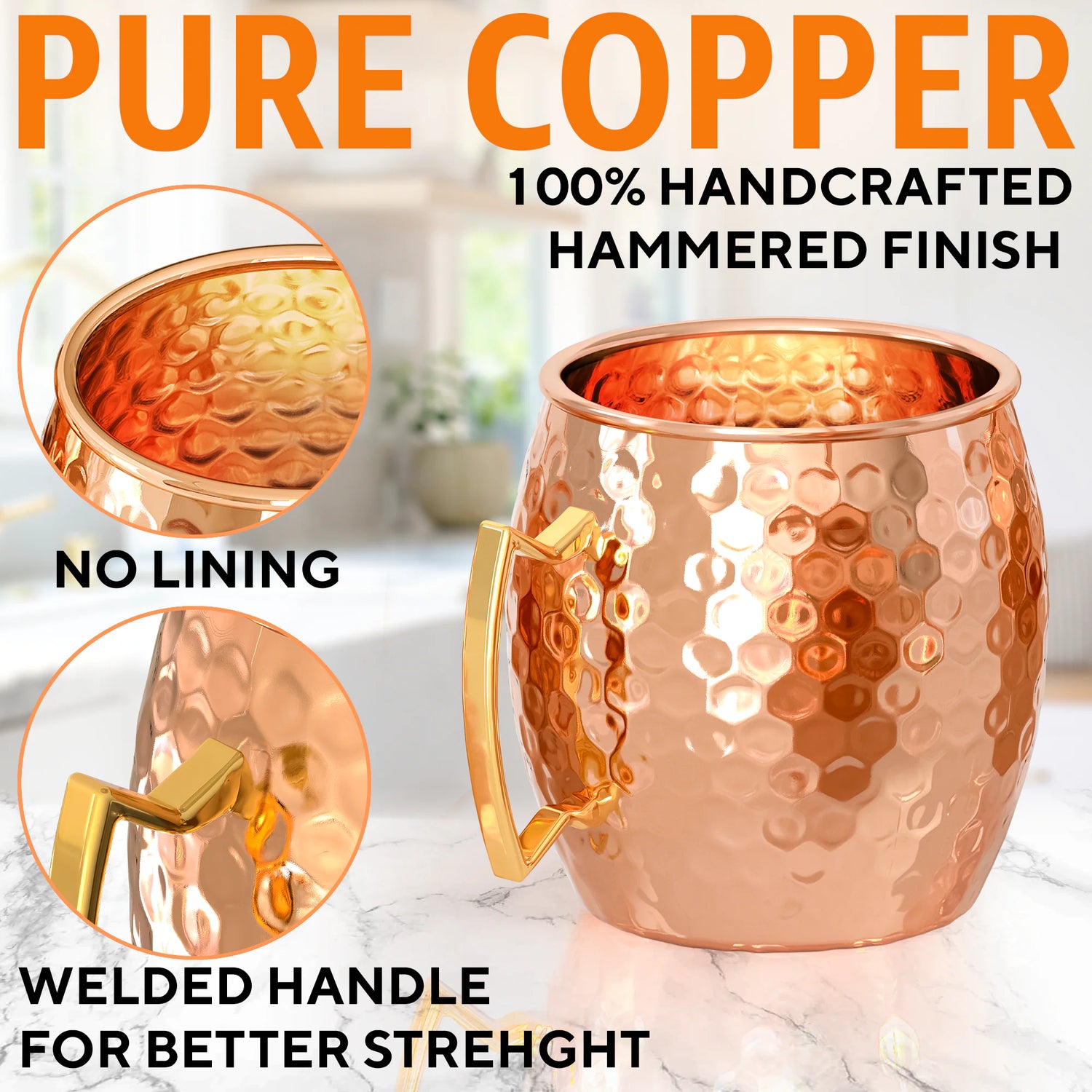 Tasses en cuivre Moscow Mule - Lot de 4 - 100 % FABRIQUÉES À LA MAIN - Tasses en cuivre massif pur de qualité alimentaire - Coffret cadeau de 16 oz avec BONUS : Cuivre à cocktail de la plus haute qualité