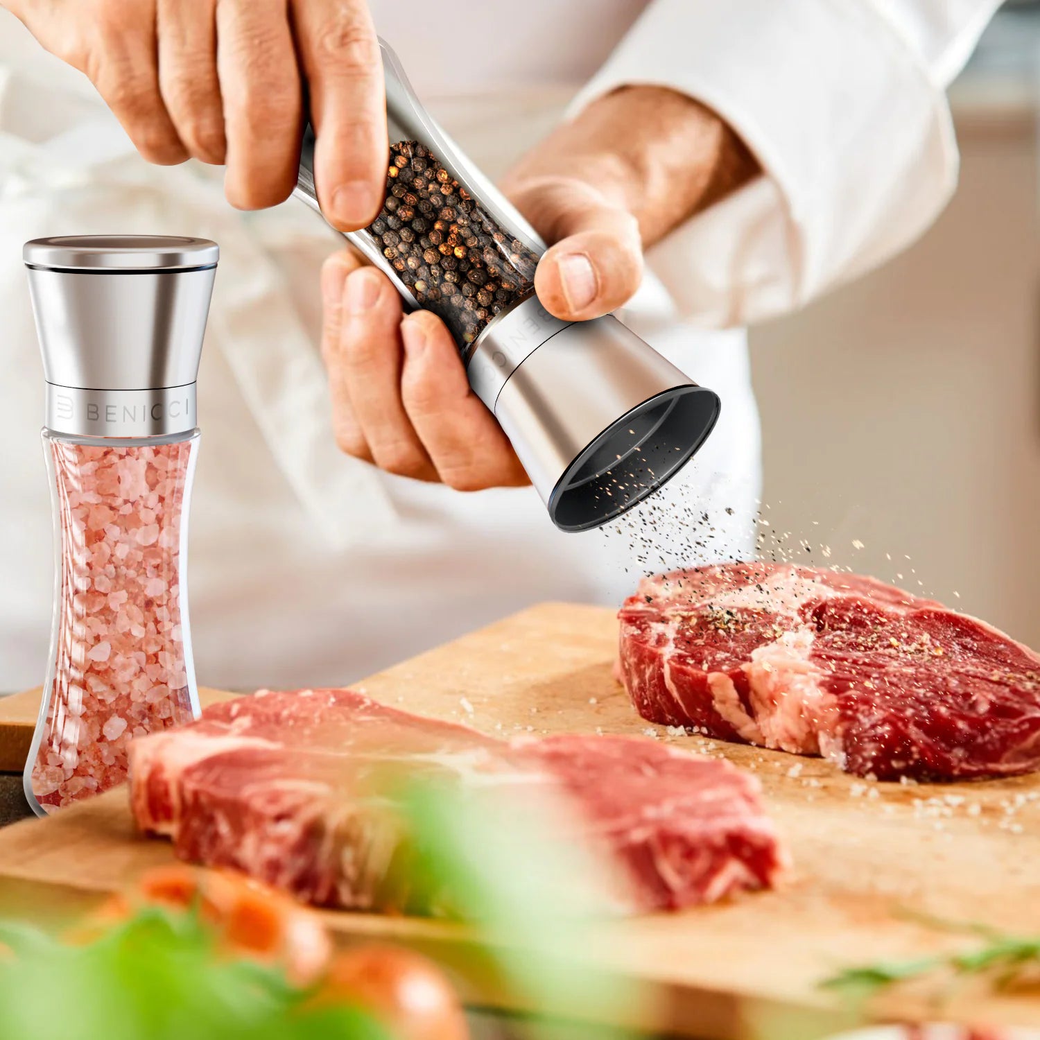 Beautiful Stainless Steel Salt &amp; Pepper Grinders Refillable Set - Two 7 oz Salt / Spice Shakers with Adjustable Coarse Mills - Easy Clean Ceramic Grinders with BONUS Silicone Funnel and Cleaning Brush