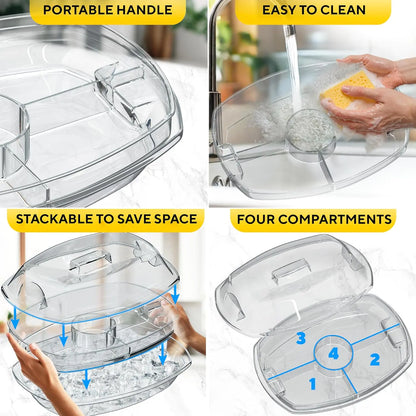 Chilled Serving Tray with Ice - Premium Cold Platter for Parties w/ 4 Compartments - Functional Design w/Lid &amp; Dip Holder - Perfect for Fruits, Veggies, Shrimp Cocktail - Keeps Food Cool &amp; Fresh