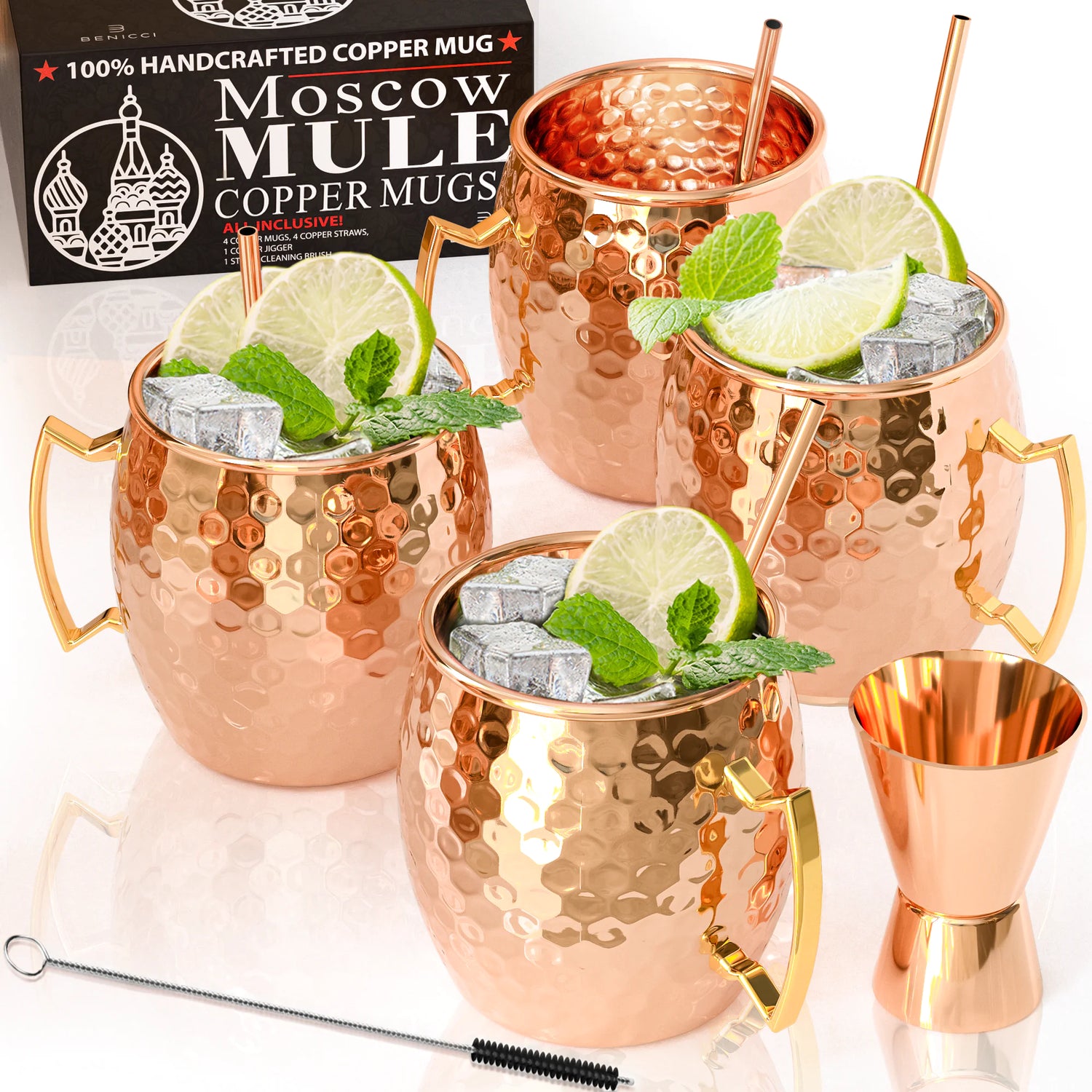 Tasses en cuivre Moscow Mule - Lot de 4 - 100 % FABRIQUÉES À LA MAIN - Tasses en cuivre massif pur de qualité alimentaire - Coffret cadeau de 16 oz avec BONUS : Cuivre à cocktail de la plus haute qualité