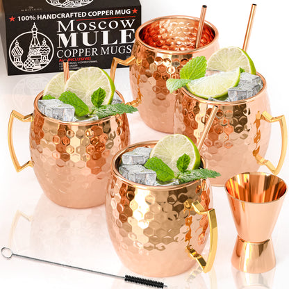 Moscow Mule Kupferbecher - 4er-Set - 100 % HANDARBEIT - Lebensmittelechte Becher aus reinem massivem Kupfer - 16 oz Geschenkset mit BONUS: Cocktail-Kupfer höchster Qualität