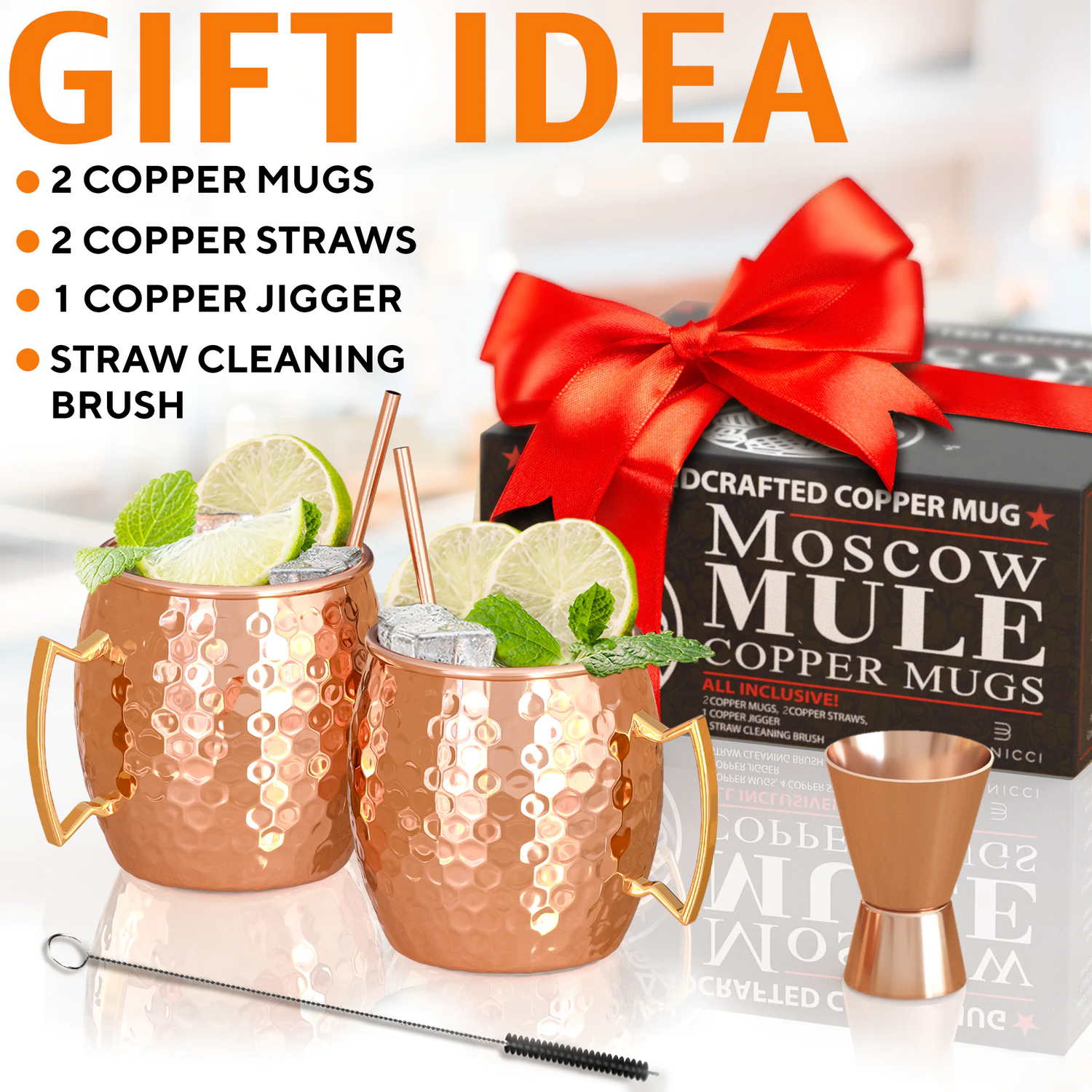 Moscow Mule Kupferbecher - 2er-Set - 100 % HANDARBEIT - Lebensmittelechte Becher aus reinem massivem Kupfer - 16 oz Geschenkset mit BONUS - Cocktail-Kupfer höchster Qualität