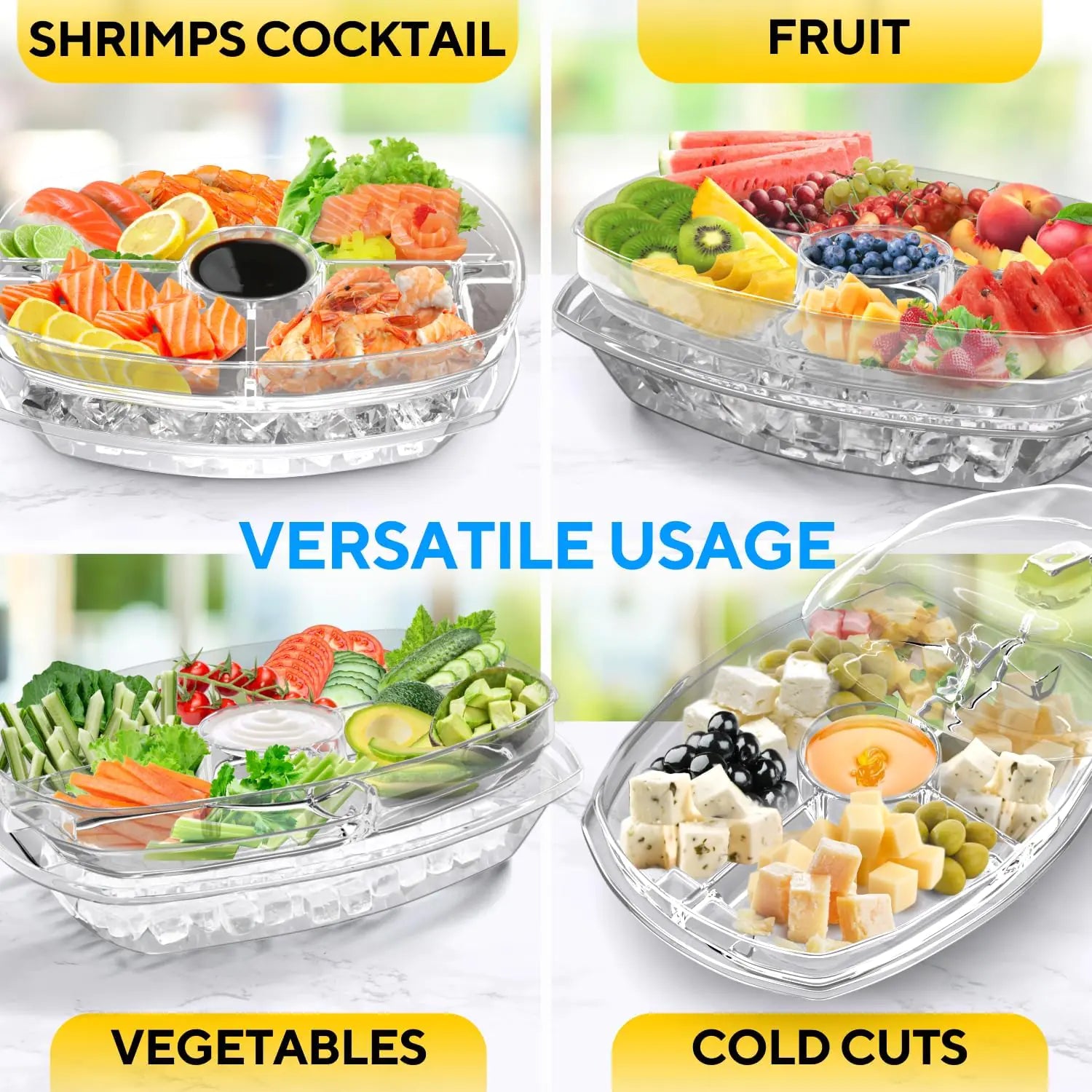 Chilled Serving Tray with Ice - Premium Cold Platter for Parties w/ 4 Compartments - Functional Design w/Lid &amp; Dip Holder - Perfect for Fruits, Veggies, Shrimp Cocktail - Keeps Food Cool &amp; Fresh