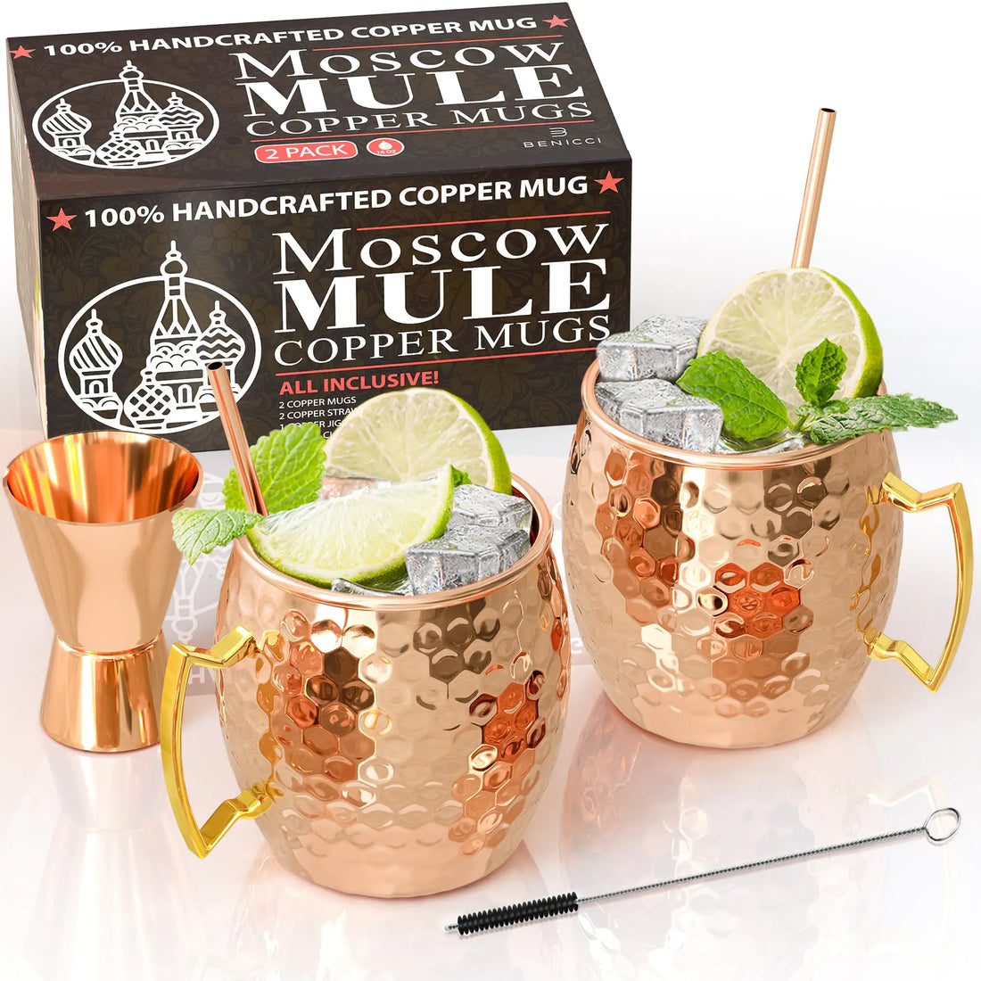 Moscow Mule Copper Mugs - Set of 2 - 100% HANDCRAFTED - Food Safe Pure Solid Copper Mugs - 16 oz Gift Set with BONUS - Highest Quality Cocktail Copper