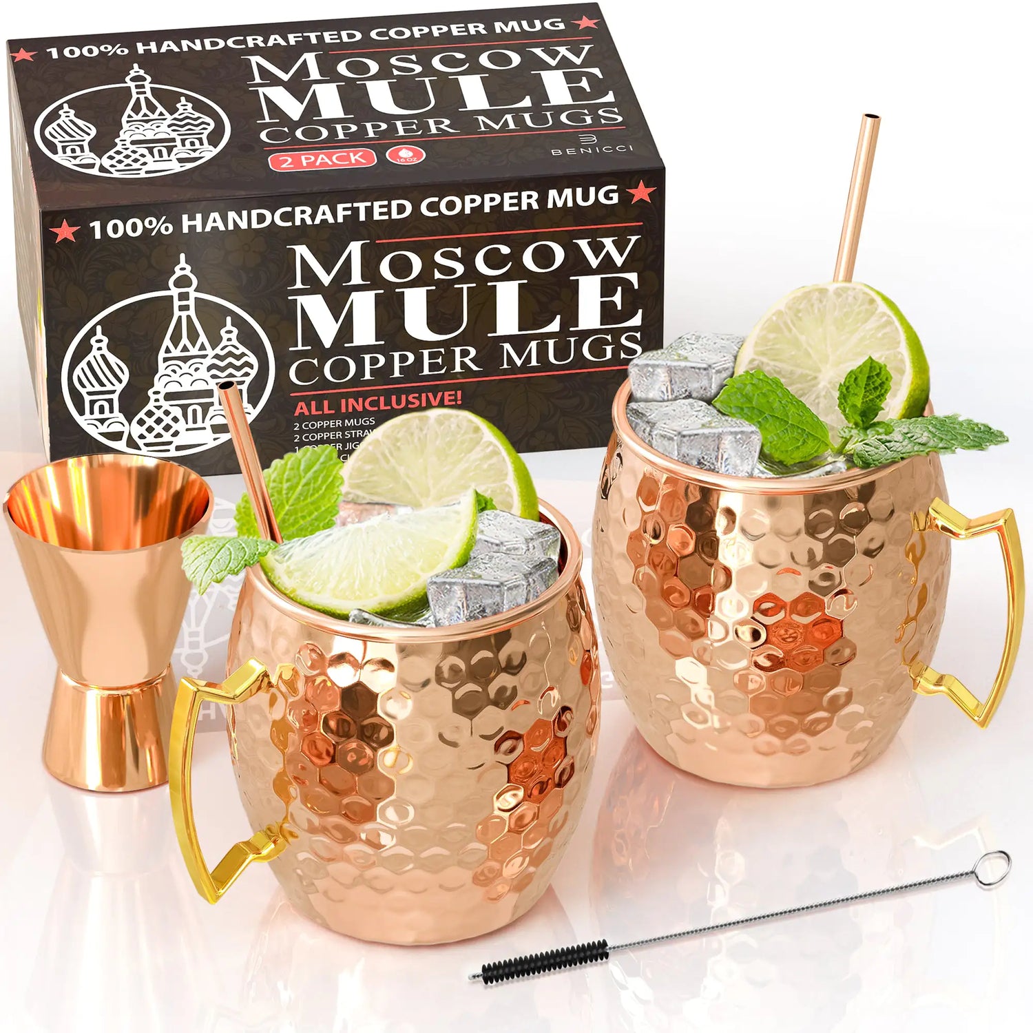 Tasses en cuivre Moscow Mule - Lot de 2 - 100 % FABRIQUÉES À LA MAIN - Tasses en cuivre massif pur de qualité alimentaire - Coffret cadeau de 16 oz avec BONUS - Cuivre à cocktail de la plus haute qualité