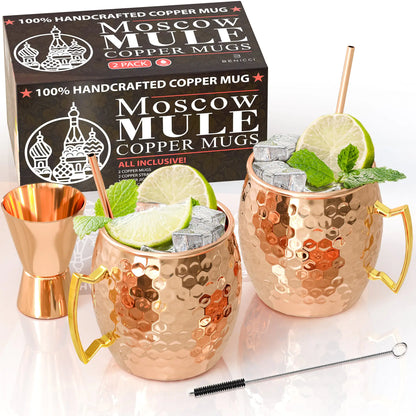 Moscow Mule Kupferbecher - 2er-Set - 100 % HANDARBEIT - Lebensmittelechte Becher aus reinem massivem Kupfer - 16 oz Geschenkset mit BONUS - Cocktail-Kupfer höchster Qualität