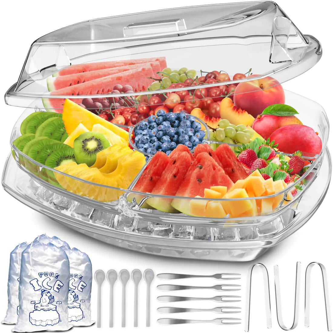 Chilled Serving Tray with Ice - Premium Cold Platter for Parties w/ 4 Compartments - Functional Design w/Lid &amp; Dip Holder - Perfect for Fruits, Veggies, Shrimp Cocktail - Keeps Food Cool &amp; Fresh