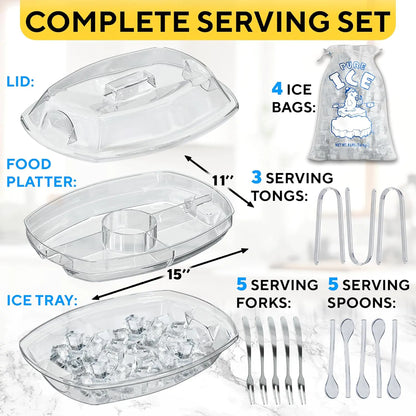 Chilled Serving Tray with Ice - Premium Cold Platter for Parties w/ 4 Compartments - Functional Design w/Lid &amp; Dip Holder - Perfect for Fruits, Veggies, Shrimp Cocktail - Keeps Food Cool &amp; Fresh