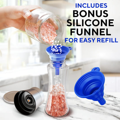 Beautiful Stainless Steel Salt &amp; Pepper Grinders Refillable Set - Two 7 oz Salt / Spice Shakers with Adjustable Coarse Mills - Easy Clean Ceramic Grinders with BONUS Silicone Funnel and Cleaning Brush