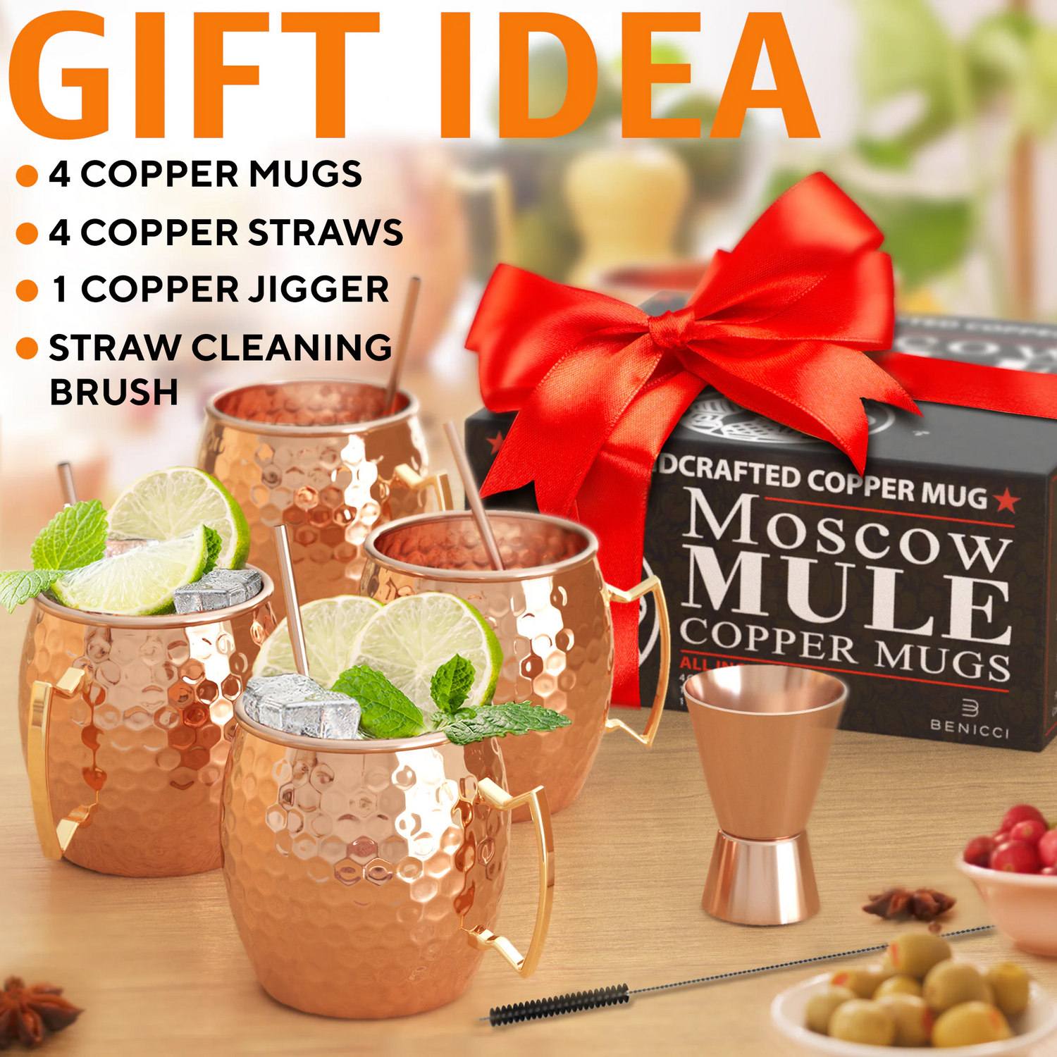 Moscow Mule Kupferbecher - 4er-Set - 100 % HANDARBEIT - Lebensmittelechte Becher aus reinem massivem Kupfer - 16 oz Geschenkset mit BONUS: Cocktail-Kupfer höchster Qualität