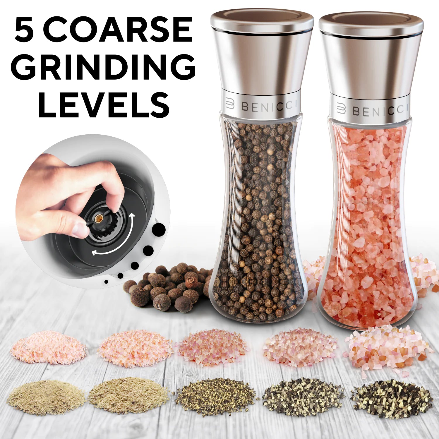 Beautiful Stainless Steel Salt &amp; Pepper Grinders Refillable Set - Two 7 oz Salt / Spice Shakers with Adjustable Coarse Mills - Easy Clean Ceramic Grinders with BONUS Silicone Funnel and Cleaning Brush