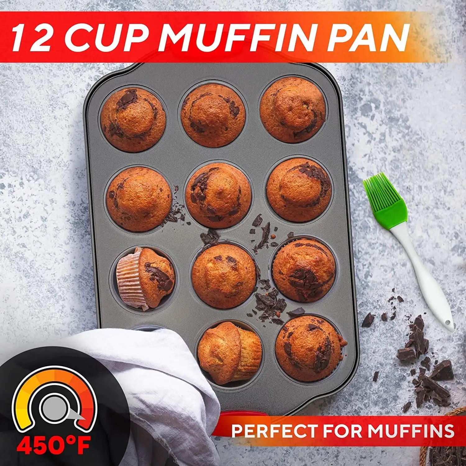 Premium Non-Stick Baking Pans Set of 4 - Heavy Duty &amp; PBA Free Baking Pan Set w/ Cookie Baking Sheet, 12 Cup Muffin Tin, Square Pan, Round Cake Pan - Easy to Clean Bakeware Sets w/ Silicone Handles