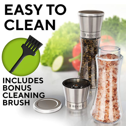 Beautiful Stainless Steel Salt &amp; Pepper Grinders Refillable Set - Two 7 oz Salt / Spice Shakers with Adjustable Coarse Mills - Easy Clean Ceramic Grinders with BONUS Silicone Funnel and Cleaning Brush