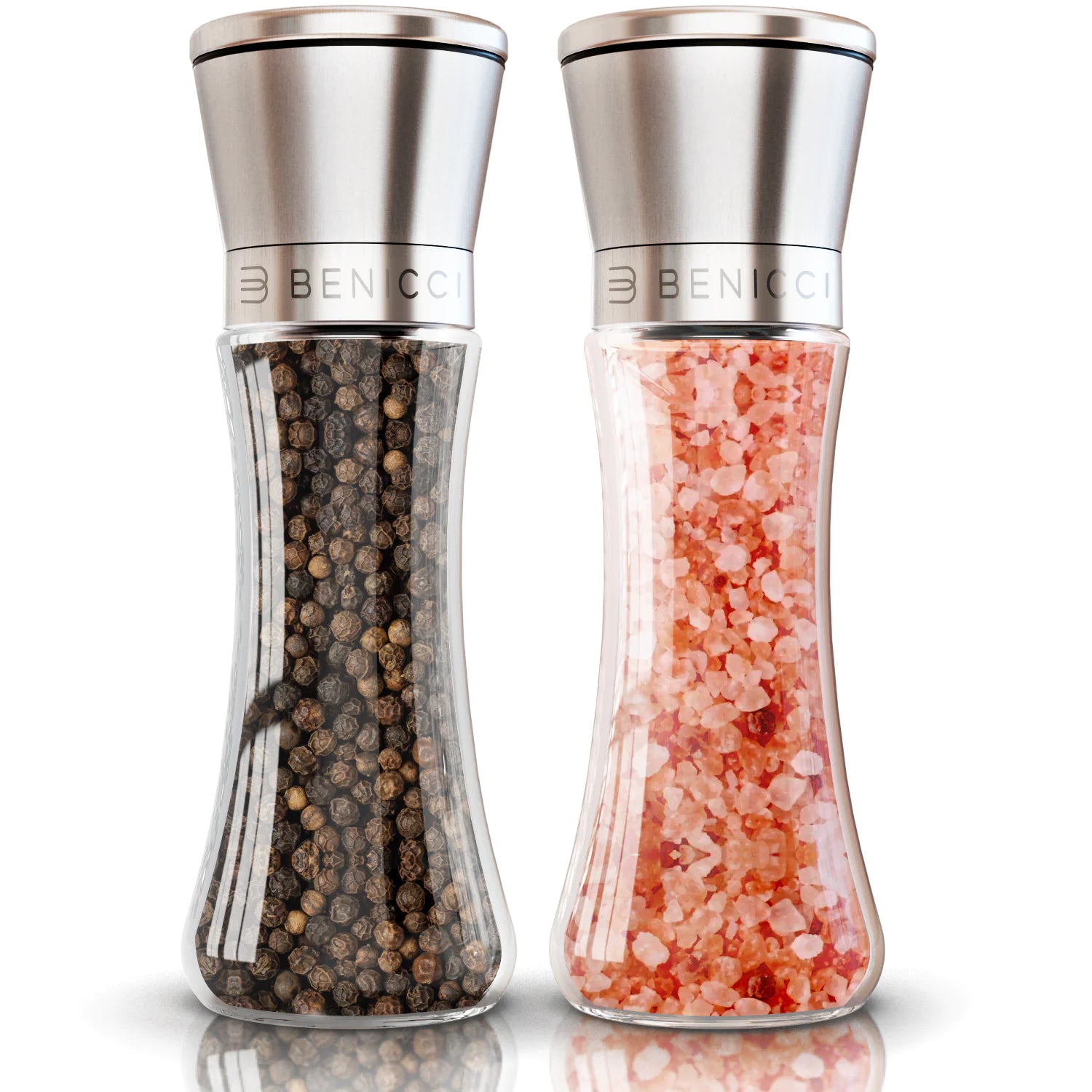 Beautiful Stainless Steel Salt &amp; Pepper Grinders Refillable Set - Two 7 oz Salt / Spice Shakers with Adjustable Coarse Mills - Easy Clean Ceramic Grinders with BONUS Silicone Funnel and Cleaning Brush