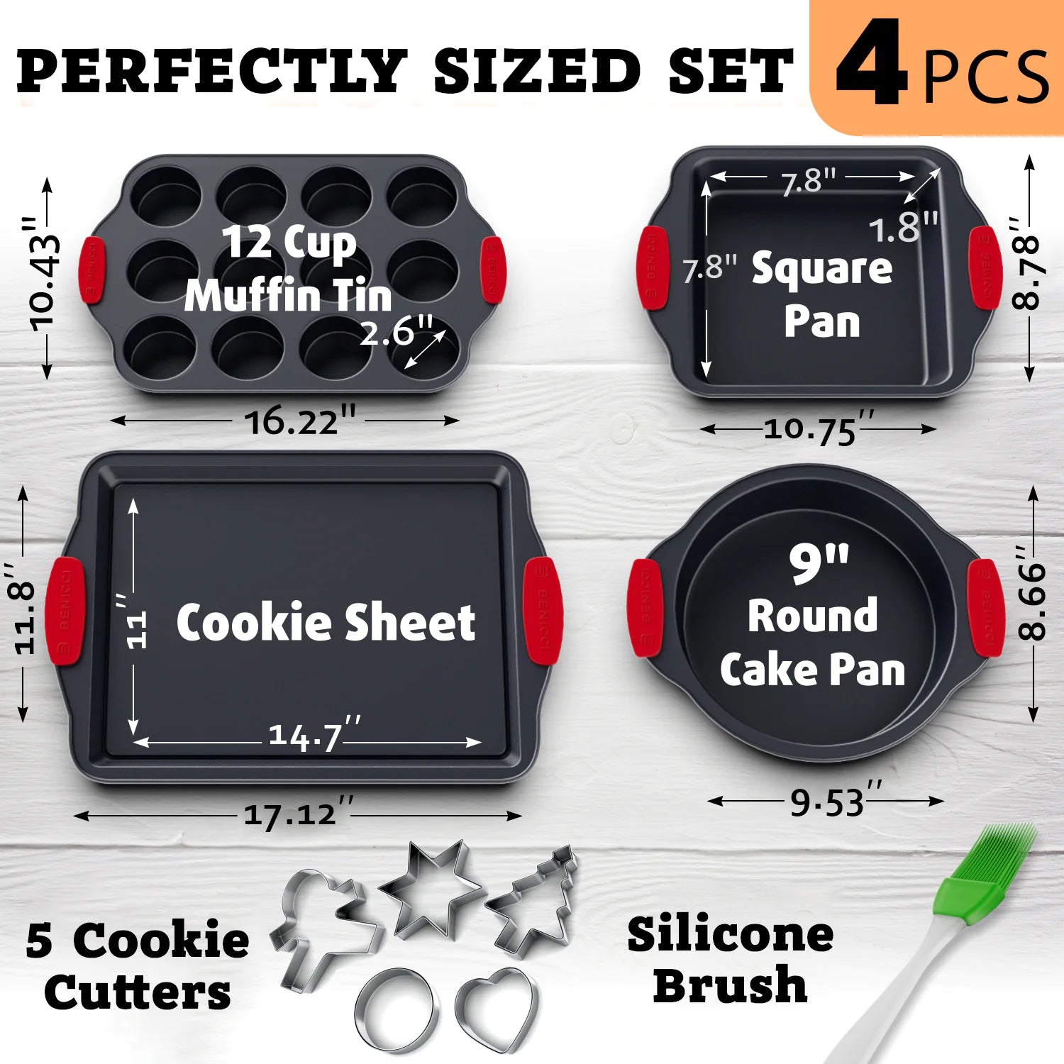 4er-Set Premium-Backformen mit Antihaftbeschichtung – Robustes und PBA-freies Backformenset mit Plätzchenbackblech, Muffinform für 12 Muffins, quadratischer Form, runder Kuchenform – Leicht zu reinigende Backgeschirrsets mit Silikongriffen 